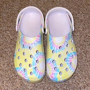 Tie-dye Time and Tru crocs. Slightly worn.